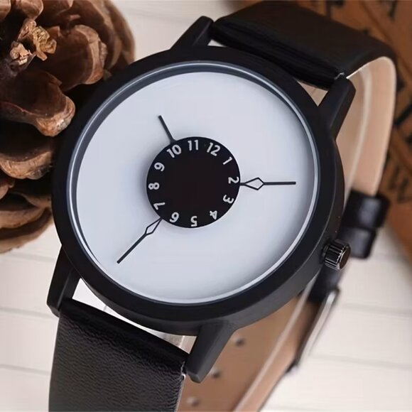 Minimalist Unique Dial Watch Unisex Analog Quartz with Black Faux Leather Band - Picture 1 of 4